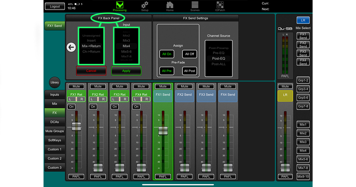 il signal flow degli effetti viene impostato tramite la schermata dedicata dell'app Qu-Pad